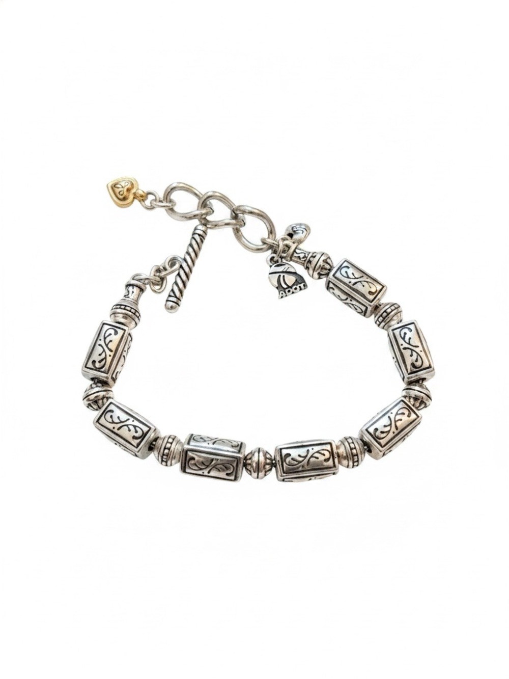 Brighton Silver Ornate Rectangular Bead Bracelet with Heart Accent   7 1/2